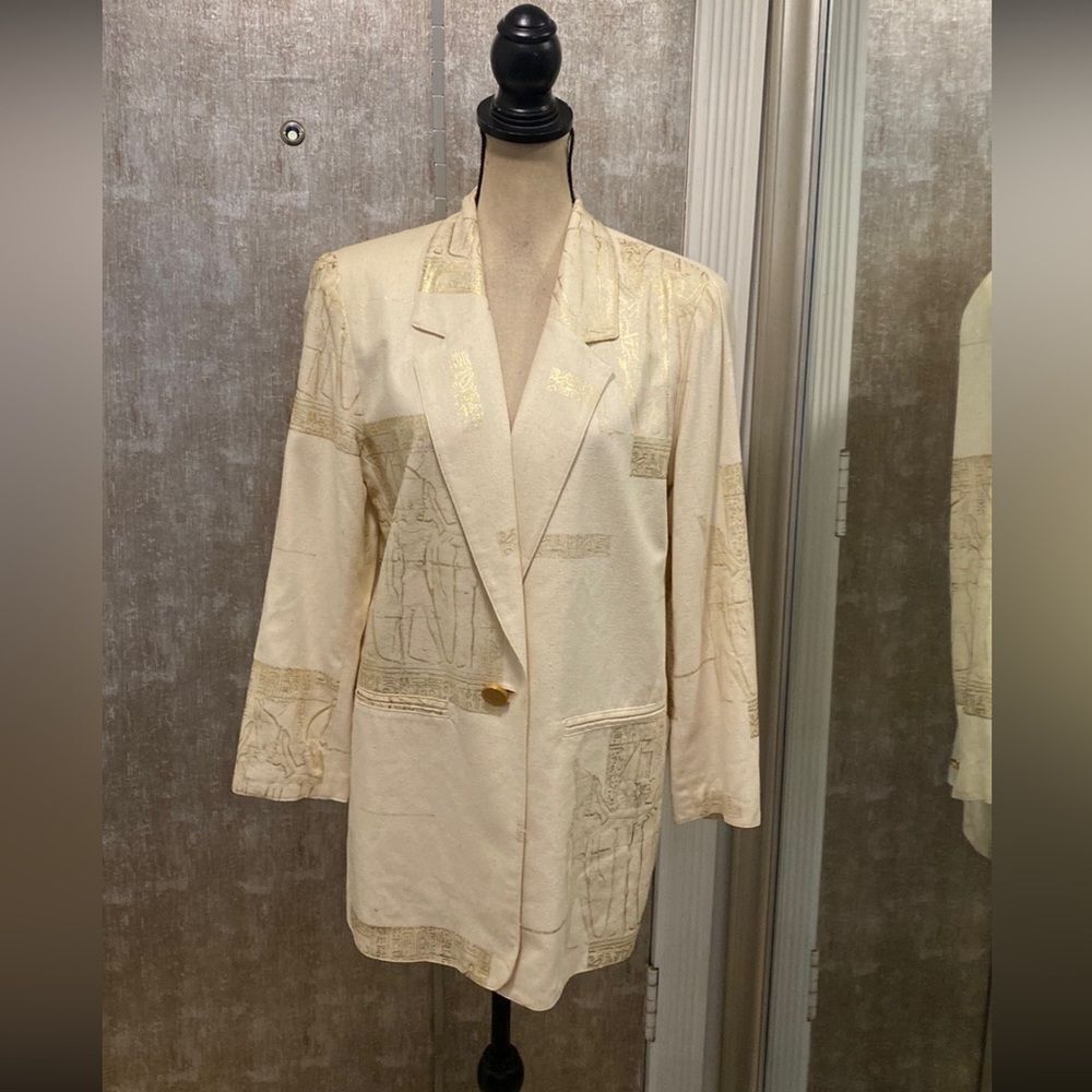Dorothy Schoelen 100% silk Egypt print Elegant Cream/gold Blazer, M